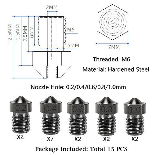 15PCS Hardened Nozzles Kit for Anycubic Kobra, 3D Printer 7PCS 0.4mm Nozzles and 2PCS 0.2mm, 0.6mm, 0.8mm, 1.0mm Wear Resistance Nozzles Kit for Anycubic Mega, Mega X, Chrion, Kobra Neo - style: Mega Harden Steel Multi Size