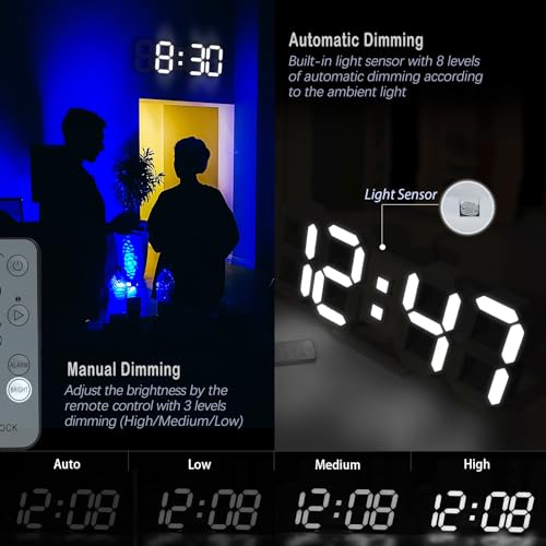 KOSUMOSU Wall Clock 15" 3D LED Digital Clock for Bedroom,Large Digital Wall Clock for Living Room Decor,Modern Aesthetic Led Clock with Remote Control - color: 15in Wall Clock-white Light