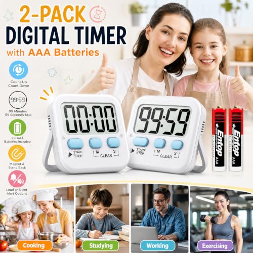 Antonki 2 Pack Digital Timer for Kids Classroom Kitchen Timers for Cooking - color: Classic White ( 2 Pcs )