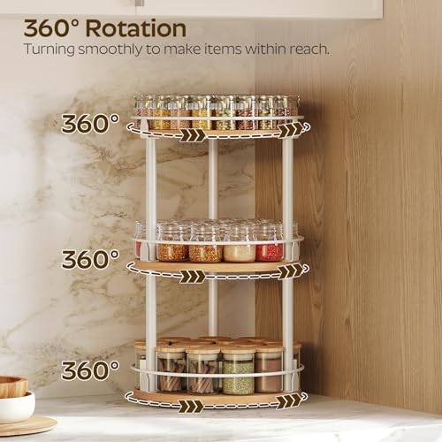 YATINEY 3-Tier Lazy Susan Organizer, Rotating Spice Rack, Spinning Organizer, Industrial Turntable Spice Rack Organizer for Cabinet, Kitchen Countertop, Pantry, White and Natural SR23WN - color: White + Natural, size: 10.2"L x 10.2"W x 18"H