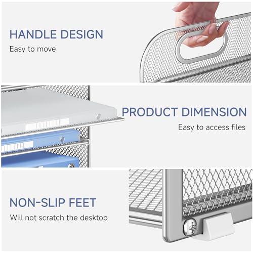 Lavatino 4-Tier Paper Organizer Trays - Silver Mesh File Folder Sorter with Handles, Desk Letter Holder Organizer for Office, Home, School Supplies Storage & Organization - color: 4 Tier - Silver