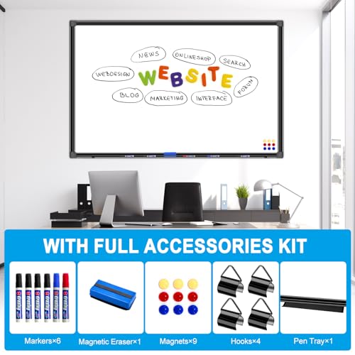 H-Qprobd 48"x24" Magnetic White Board Dry Erase Wall Mount Whiteboard - Office Home Classrooms White Board Hanging Writing Board with Black Aluminum Frame - size: 48"W x 24"H