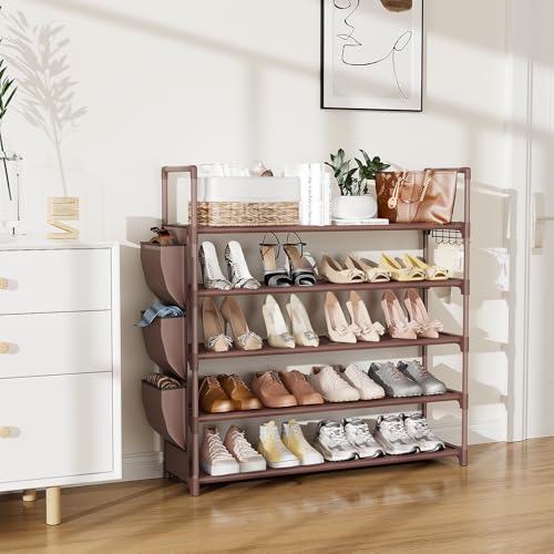 VILICK Shoe Rack for Closet Shoe Organizer Space Saver Storage for 20-25 Pair Shoe Shelf with Hook and Side Pocket Free Standing 5 Tier Shoe Rack Organizer for Entryway,Small Spaces, Brown - color: Brown, size: 33.5"W - 5 Tier