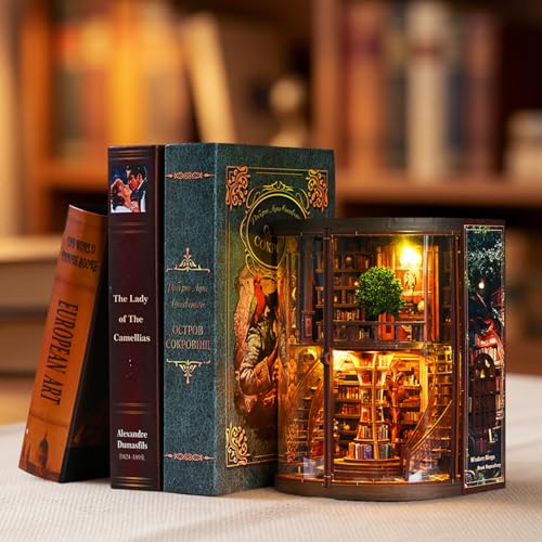 Book Nook Kit for Adult-3D Wooden Puzzles Miniature Library Bookshelf Insert Bookend Decor,Adult Miniature Model with LED Light and Dust Cover, Touch Switch, Adult Craft Kits Gift - style: Wisdom Rings