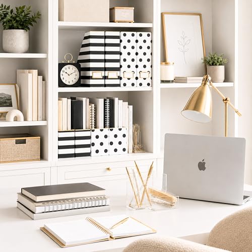 BLU MONACO | Cardboard Magazine File Holder Set of 4 | Vertical Magazine File Holder for Desk and Shelves | Standing File Holder for Classroom School Paper Storage - color: Gold Dots Black Stripes