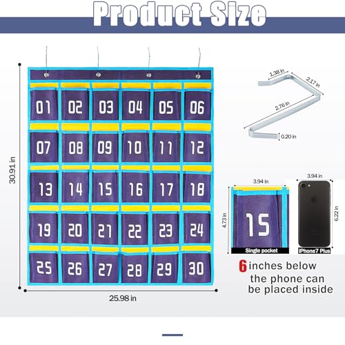 Loghot 30 Numbered Pockets Classroom Pocket Chart for Cell Phone Holder - size: 30 Pockets Blue