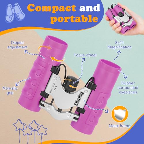 Real Binoculars for Kids Gifts for 3-12 Years Boys Girls 8x21 High-Resolution Optics Compact Toy Binocular for Bird Watching,Travel, Camping - color: Purple