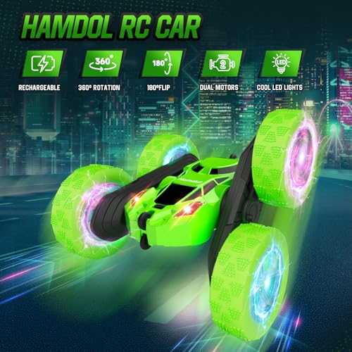 Hamdol Remote Control Stunt Car for Kids, 360° Spinning Double-Sided RC Toy with LED Wheel Lights, 4WD Rechargeable Vehicle for Boys Ages 6–12, Educational STEM Toy & Valentines Gift - color: Green, size: Glow (Headlights & Wheel Lights)