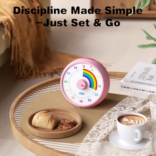 Visual Timer for Kids, 60-Minute Countdown Timer for Classroom Office Kitchen, Desk Timer Kids Time Management Tools with Silent Operation, Pomodoro Time Rainbow Pattern (Pink) - color: Pink