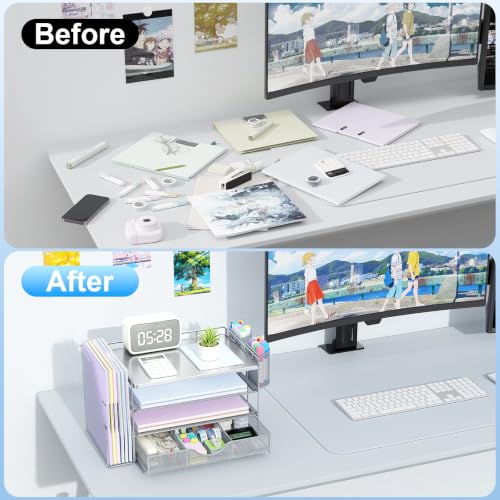gianotter Desk Organizers and Accessories with File Holder, 4-Tier Desk Accessories & Workspace Organizers with Drawer and 2 Pen Holder, Desk Reference Organizer (Grey, 4T with Metal Drawer) - color: Grey