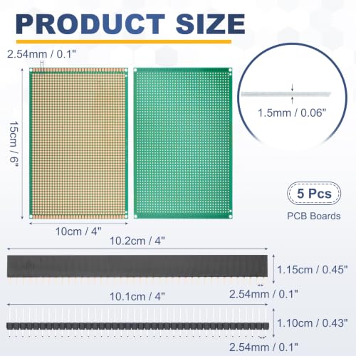 5Pcs 15x10cm PCB Prototype Board w 40-Pin Headers, Green - size: 15x10cm(2.54mm Pitch/1.5mm T)
