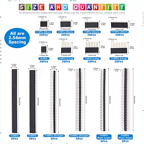 Glarks 190Pcs 2.54mm Male and Female Pin Header Connector Assortment Kit, Long/Short Needle Stackable Shield Header and Single/Double Row Breakaway PCB Board Pin Header for Arduino Prototype Shield