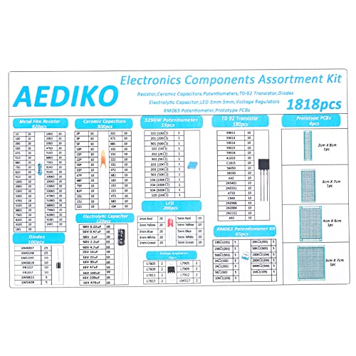 Electronics Components Assortment Kit (1818pcs) Electrolytic Capacitor, Ceramic Capacitor, LED Diode, Common Diode, Resistor, Transistor Component for Electronic DIY Project