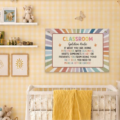 Rainbow Classroom Golden Rule Decor Canvas Wall Hanging Banner - color: 02-Classroom Golden Rule - Retro Rainbow