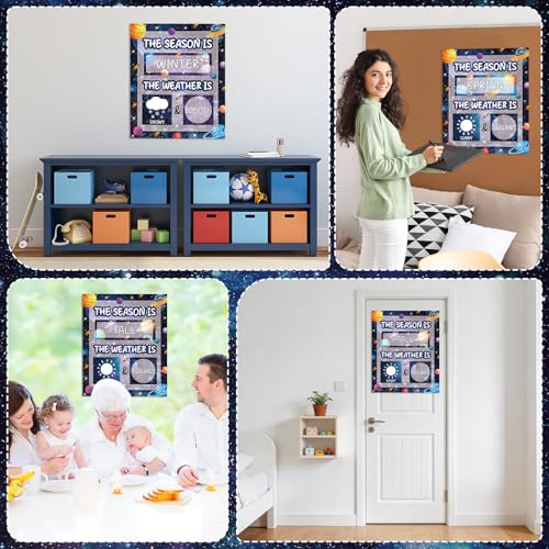 Outer Space Galaxy Season and Weather Calendar Bulletin Board Season Calendar Posters with Weather Cards Hook and Loop Dots for Classroom Wall Decor Preschool Kindergarten Student Teacher Supplies - style: Outer Space Galaxy