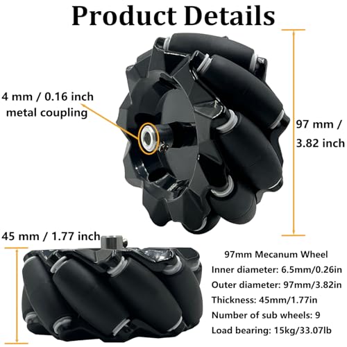 Premium 97mm Mecanum Wheel, 4WD Omnidirectional Wheels DIY Robot Parts with 4mm Metal Coupling Motor Connector Tire for AGV Smart Robot, Omni Wheel Robot Car Accessories for Arduino (4Pcs Wheels) - size: 97mm wheel, style: 4mm coupling