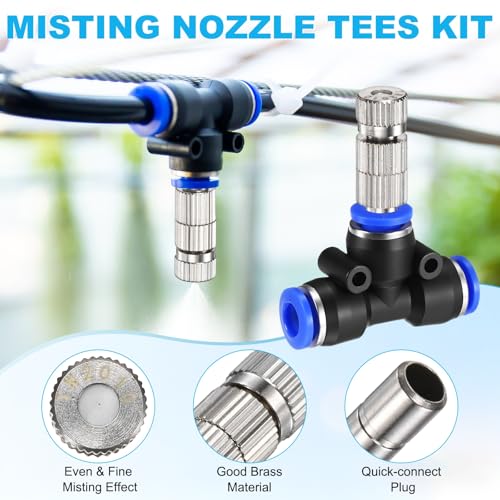 M METERXITY 10-Set Brass Misting Nozzles Tees Kit, 0.008"/0.2mm Orifice Mister Replacement Nozzles with Filter Mesh for Outdoor Cooling System/Greenhouse, 1/4" Water Misting Nozzle Tees Kits - size: 0.008"/0.2mm