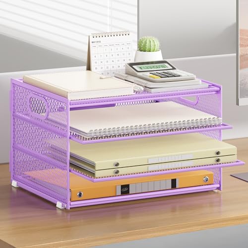 Paper Organizer with Handle,4 Tier Letter Tray Purple Desk Organizer Set - color: Purple, size: 12.7" x 9.3" x 7.5"