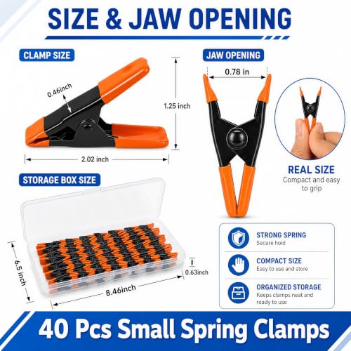 40 Pcs Black & Orange Small Spring Clamps, 2 Inch Black Metal Clip for Crafts, Heavy Duty Woodworking Fastener, Photography Muslin Backdrop Holder, 0.78 Inch Maximum Opening - color: Black & Orange