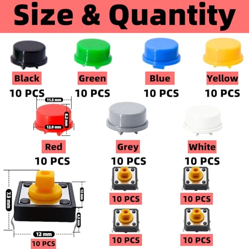 120PCS 12x12x7.3 mm Tact Tactile Push Button Switch Kit, 4 Pin Yellow Momentary SMD PCB Switches Set with 7 Color Arduino Buttons Caps for DIY Electronics Projects, PCB Prototyping - style: Yellow - 120PCS