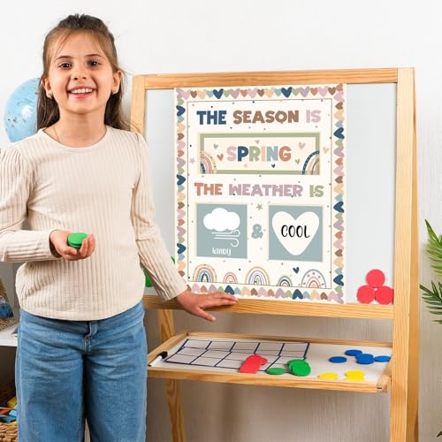 Boho Season and Weather Calendar Bulletin Board Season Calendar Posters with Weather Cards Hook and Loop Dots for Classroom Bulletin Board Wall Decor Preschool Kindergarten Student Teacher Supplies - style: Boho