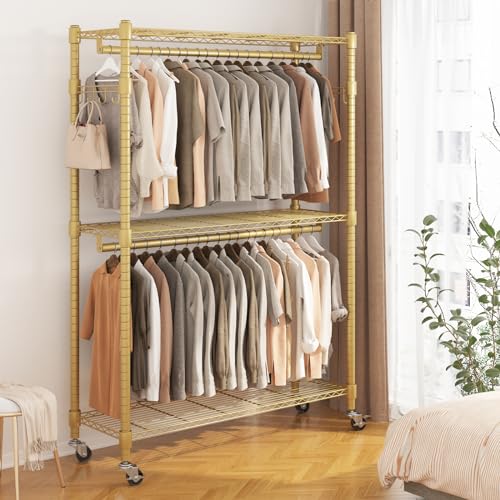 BATHWA Heavy Duty Rolling Garment Racks, 25mm Metal Pipe, 47.3"W x 17.7"D x 80.7"H Large Tall Portable Wardrobe Closet with 2 Rods, Wide Adjustable Shelves and Hangers, Clothing Hanging Storage, Gold - color: Gold, size: Large