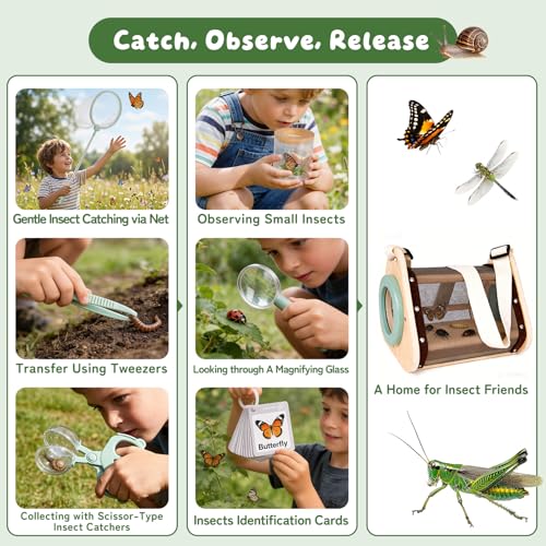 Bug Catcher for Kids, Wooden Bug Catching Outdoor Toys for Ages 4-8, STEM Explorer Activities with Butterfly Net Magnifying Glass Tweezers Insect Habitat Observation Cup Storage Bag Learning Cards