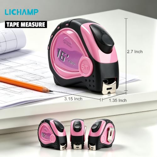 Lichamp Pink Mini Tape Measure 3 Pack 16ft x 3/4in with 1/8 Fractions