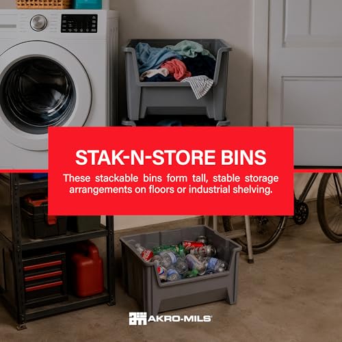 Akro-Mils Stak-N-Store Stackable Plastic Storage Bin, Open Front Organizer, Gray, 3 Pack - color: Gray, size: 12.7 Gallons