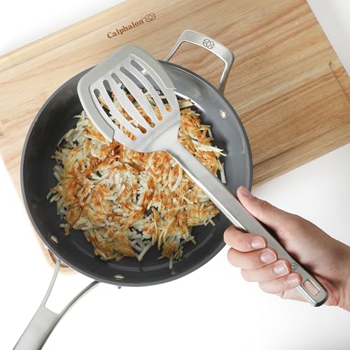 Calphalon Prime Slotted Turner, Stainless Steel Wide Slotted Spatula with Silicone Rim for Nonstick Cookware, Heat Resistant Durable Kitchen Tool for Cooking, Flipping, Draining and Serving - color: Taupe II, size: Slotted Turner