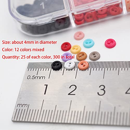 300 PCS Tiny Resin Buttons 4mm(5/32") 2 Hole Mini Resin Round Button for mini Clothing Sewing Accessories DIY Hand Sewing AIDS (12 Colors mixed/300 PCS, 4mm(5/32"))