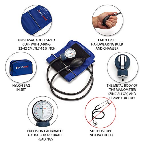 PARAMED Aneroid Sphygmomanometer – Manual Blood Pressure Cuff with Universal Cuff 8.7-16.5" and D-Ring – Carrying Case in the kit – Blue – Stethoscope Not Included - color: Blue