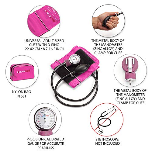 PARAMED Aneroid Sphygmomanometer – Manual Blood Pressure Cuff with Universal Cuff 8.7-16.5" and D-Ring – Carrying Case in the kit – Pink – Stethoscope Not Included - color: Pink