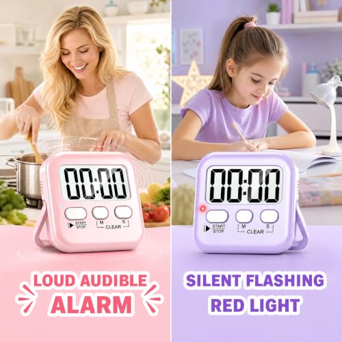 Antonki 2 Pack Digital Timer for Kids Classroom Kitchen Timers for Cooking - color: Pink + Purple