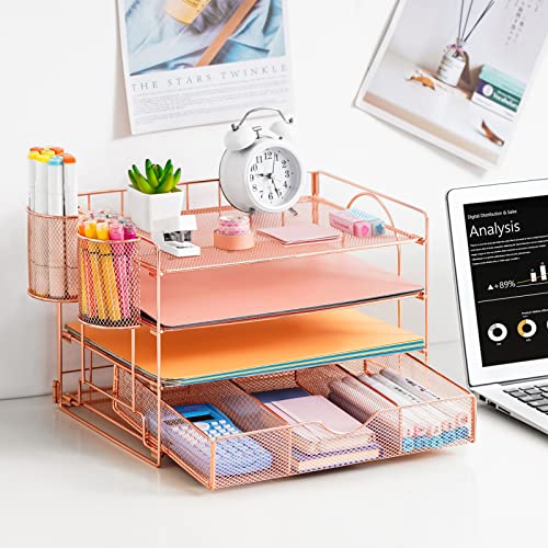 Lavatino 4-Tier Desk Paper Letter Tray Organizer for Desk Accessories & Workspace Organizers with Drawer and 2 Pen Holder for Home, School, Office Supplies Storage (Rose Gold) - color: 4 Tier - Rose Gold