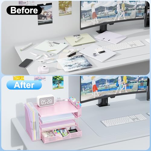 gianotter Wood Desk Organizers and Accessories with File Holder, 4-Tier Desk Accessories & Workspace Organizers with Drawer and 2 Pen Holder, Desk Reference Organizer (Pink, 4T with Metal Drawer) - color: Matte Pink