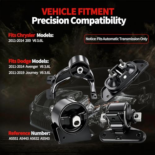 Engine Motor and Transmission Mount Set 4PCS Compatible with 2011-2019 Dodge Journey FWD, 2011-2014 Chrysler 200, Avenger V6 3.6L Automatic, Replaces A5443 A5551 A5632 A5543 Front Rear Left Right - style: 2011-2019 Dodge Journey FWD