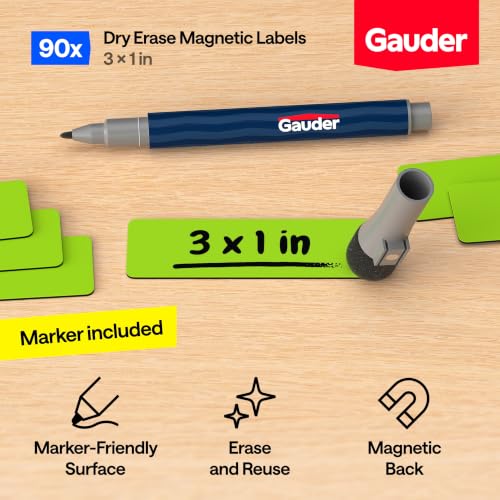 GAUDER Magnetic Labels Writable - Reusable Magnet Tags for Whiteboard, Chalkboard, Kanban Board and Refrigerator - Magnet Cards with Marker (90 Pack - 3 x 1 Inches) - color: Green
