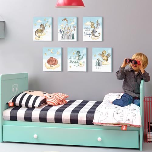 CHDITB Little Dragon Wall Art, Spread Your Wings Framed Canvas Wall Art Set, Fantasy Dragon Decor, Magical Castle Painting, Inspiring Quote Art Prints For Kids Room Nursery Decor(12X16 Inch) - color: Dinosaur Art, size: 12x16 inches