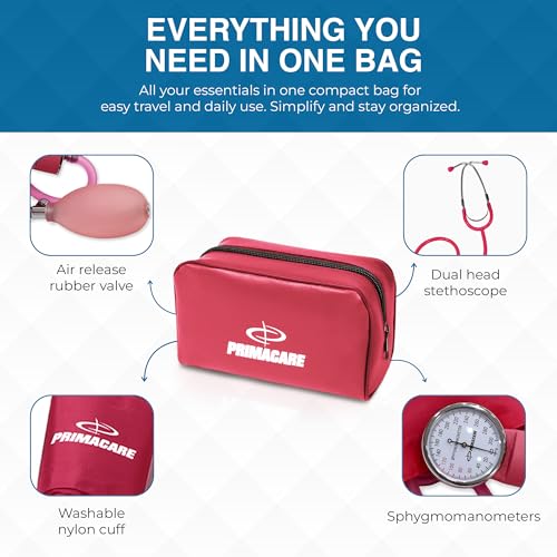 PrimaCare Medical DS-9197-PK Professional Classic Series Manual Adult Size Blood Pressure Kit, Emergency Bp kit with Stethoscope and Portable Nylon Case, Nylon Cuff, Pink - color: Pink