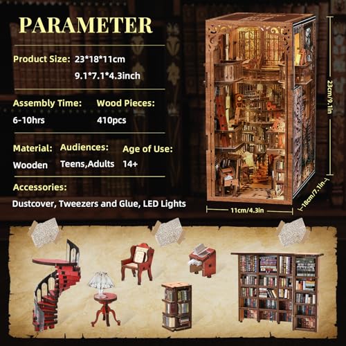 MiniCity Abbey Library Book Nook Kit, 3D Wooden Bookshelf Puzzle with LED - color: Abbey Library