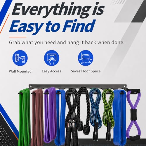 Gym Home Rack 10 Hook Heavy-Duty Wall-mounted Organizer Multi-Purpose Workout Gear Wall Hanger Black Storage for Resistance Bands Jump Ropes Lifting Belt