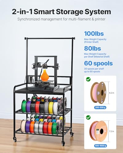 VEVOR 3D Printer Filament Storage Rack with Power Strip, 3-Tier Stand with Filament Storage, Spools Holder Racks Cart with Wheels, Filaments Organzied for 3D Printing Station, Workshop (Shelf Only) - size: 3-Tier