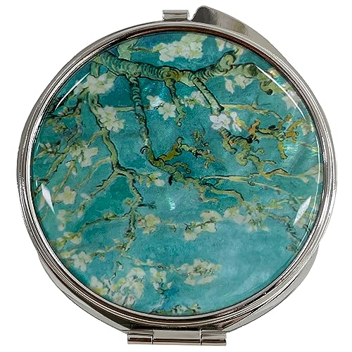 Portable Makeup Compact Double Magnifying Mirror Cosmestic Foldable Pocket Style Unique Mother of Pearl Design (Almond Blossom) - color: Almond Blossom