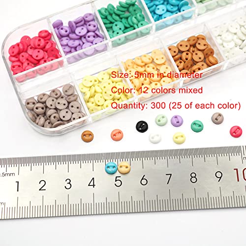 300 PCS Tiny Resin Buttons 5mm(3/16") 2 Hole Mini Resin Round Button for mini Clothing Sewing Accessories DIY Hand Sewing AIDS (12 Colors mixed/300 PCS, 5mm(3/16"))
