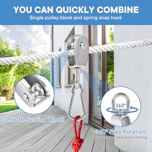 6X 304 Stainless Steel M15 Single Swivel Rope Pulley Blocks with Snap Hooks - size: M15-6pcs