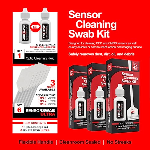 Sensor Cleaning Swab Kit - Eclipse Optic Cleaning Solution (0.5oz/15ml) + Type-1 Sensor Swab Ultra 20mm (Pack of 6) - for APS-H CMOS and CCD Sensors - Dust & Oil Remover