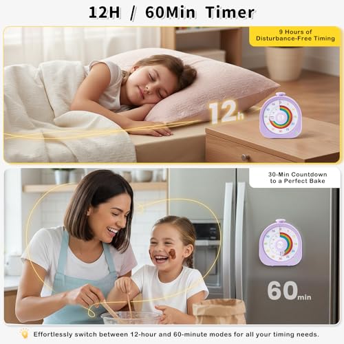 Visual Timer for Kids, Rechargeable Rainbow 60-Min/12-Hour Switchable Countdown Timer, Magnetic Timer with Pomodoro Mode, ADHD Time Management Tool for Classroom,Home with Silent Operation, Purple - color: Purple