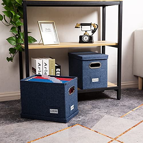 PRANDOM File Organizer Box - Set of 1 Collapsible Decorative Linen Filing Storage Hanging File Folders with Lids Office Cabinet Letter Size Navy Blue (14x9.3x10.8 inch) - color: Navy Blue, size: (1-pack) Without Folders