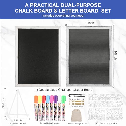 12x16 inch Double Sided Chalkboard and Felt Letter Board with Stand - Reversible Wooden Frame Easel for Menu, Announcements, Home, Office, Cafe, Restaurant Decor - color: White